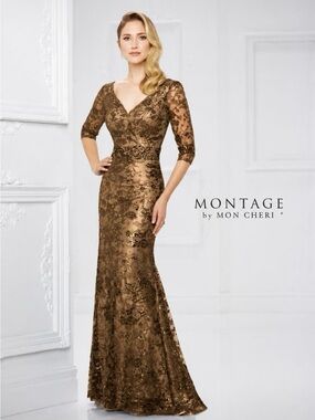 Montage by Mon Cheri Bronze Lace Long Sleeve Evening Gown